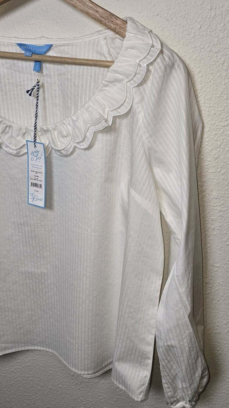 Draper James Reyna Long Sleeve Top Womens L White Ruffle Stripe NWT $118 - Picture 2 of 10